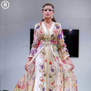 Two Piece Egyptian Wedding Wear Kaftan With Latest Floral Embroidery and <b>Beads</b> Work With Printed <b>Fabric</b> - Product Image 1