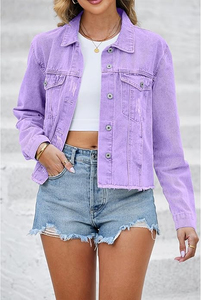 Veste en jean violette pour femme, boutonnée, effet vieilli, en coton, coupe décontractée, printemps automne hiver, style vintage, respirante - Product Image 3
