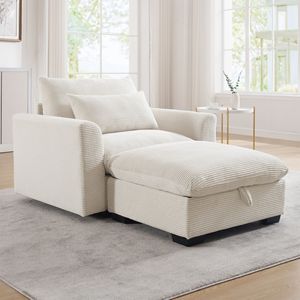 Divano Modulare Moderno in Velluto a Coste Beige con Pouf Contenitore Profondo per Soggiorno, Appartamento, Ufficio - Product Image 2