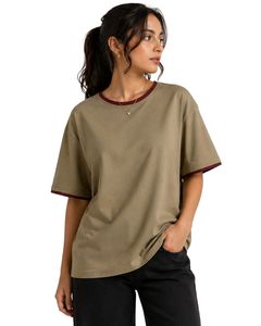 Custom Khaki Women Oversized T Shirt Casual Crew Neck Short Sleeve Contrast Trim Loose Fit Soft Breathable Summer Streetwear <b>Top</b> - Product Image 1