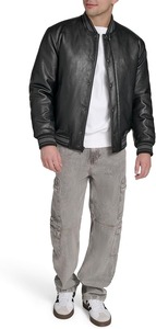 <b>Men's</b> Black PU <b>Leather</b> Bomber <b>Jacket</b> Stand Collar Button Closure Casual Style Autumn Wear Regular Fit Solid Color - Product Image 5