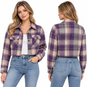 Veste en flanelle courte pour femme, manches longues, boutonnée, à carreaux, poche poitrine, col rabattu, 100% coton, hiver - Product Image 2