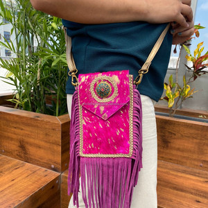 Handmade Hair on Metallic Cowhide Turquoise Fringe Women Crossbody Mobile Bag Western Genuine Leather Concho Cell Phone Purse - Product Image 2