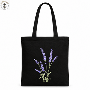 Black Canvas Tote <b>Bag</b> with Lavender Floral Print and <b>Long</b> Handles | Casual Women's Shopping Carry <b>Bag</b> for Daily Use and Travels - Product Image 1