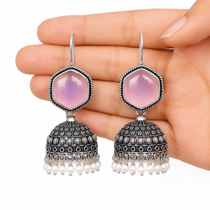 OEM ODM Oxidized <b>Silver</b> Pink Stone Jhumka <b>Earrings</b> Indian Ethnic Jewelry Manufacturer Exporter - Product Image 2