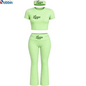 Customized Custom Logo Women 3 Piece Set High Waist Flare Pants and <b>Crop</b> <b>Top</b> with Headband Athleisure Yoga Workout Tracksuit - Product Image 4