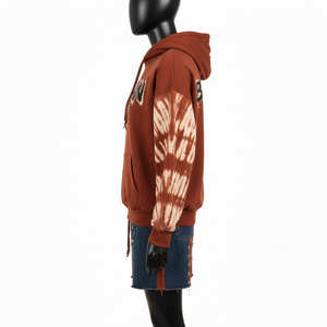 ชุดเซ็ตฮู้ดดี้แขนสั้นสำหรับผู้หญิง ผ้าฝ้ายฟลีซ 320 GSM สีน้ำตาลสนิม ลายมัดย้อม แขนเสื้อแบบต่อผ้าลายชนเผ่า  โลโก้เชนิลล์ ชุดเซ็ตสำหรับผู้หญิง - Product Image 3