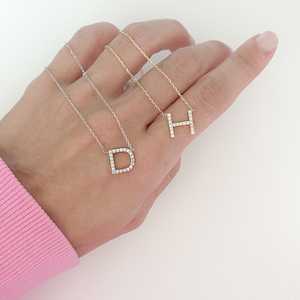 Initial Letter Necklace 14K 18K <b>Solid</b> <b>Gold</b> Pave Set Lab Grown Diamond Dainty Custom Name <b>Pendant</b> Minimalist 16 Inch Chain Charms - Product Image 5