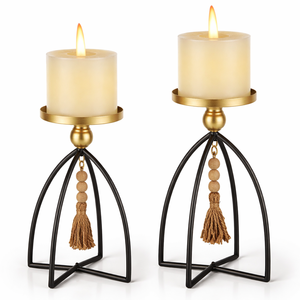 Gold and Black Candle Holders with Tassel Beads Decorative Candle Stand Set for Home Decor Modern Style Metal and Beaded Design - Product Image 2