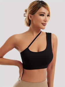 Women One Shoulder Sports Bra Asymmetric Diagonal Strap Ribbed Yoga Crop Top Cutout Fitness Gym Tank Removable <b>Padding</b> - Product Image 5