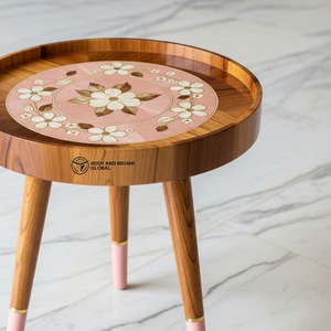Wholesale Custom Artisan Wooden <b>Stool</b> Hand-Painted Floral Inlay Decorative Stand Durable Solid Wood Tripod Side <b>Table</b> - Product Image 6