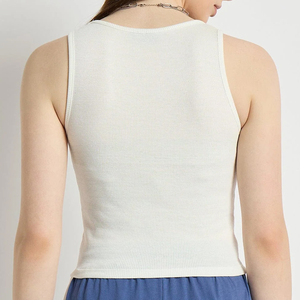 Camiseta sin mangas de punto con cuello redondo para mujer, color blanco, informal, transpirable, mezcla de algodón y spandex, corta - Product Image 6