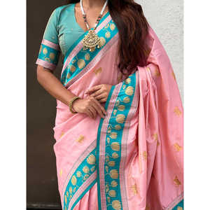 Sari traditionnel tissé en zari, rose pâle, en soie douce, Pichwai, écharpes et châles ethniques - Product Image 2