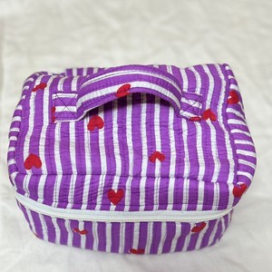 Purple Striped Heart Pattern Cosmetic Box with Zipper and Soft Handle Medium Size Textile Makeup Organizer for Women - Product Image 3