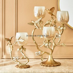 Candélabre en forme d'oiseau doré et de branche de feuille avec porte-bougies en verre pour la décoration de la maison, centre de table, supports résistants à la chaleur - Product Image 1