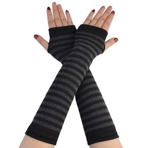 Manchettes rayées pour femmes, gants longs sans doigts en tricot sans couture, motif rayé noir et gris pour adultes - Product Image 2
