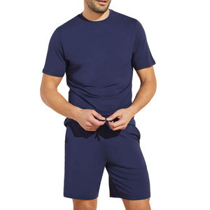 Men's Navy Blue Cotton T-Shirt And Shorts <b>Set</b> Crew Neck Casual Summer Outfit <b>Knitted</b> Breathable Solid Color Matching Pajama <b>Set</b> - Product Image 3