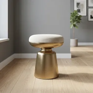 Modern Upholstered Round <b>Stool</b> with Brass Metal Pedestal Base Luxury Accent Seating Ottoman for Living Room Bedroom <b>Vanity</b> Decor - Product Image 1