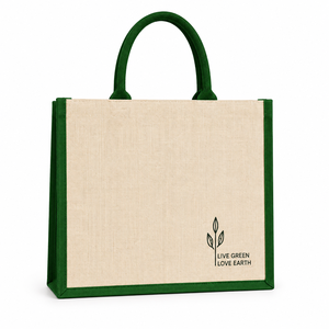 กระเป๋าผ้าปอกระเจา AMANI ขนาด 30x35x10 ซม. หูหิ้วยาว ลายพิมพ์รักโลก ขอบสีเขียว ผลิตที่เบงกอลตะวันตก เหมาะสำหรับใส่ของช้อปปิ้ง - Product Image 1