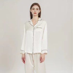 Conjunto de Pijama de Satén de Manga Larga para Mujer, Cuello con Muescas, Blusa con Botones y Pantalones hasta el Tobillo, Ropa de Dormir Lisa - Product Image 4
