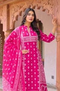 Twinfeet Women's Premium Pure Cotton A-Line Anarkali Traditional Quick Dry Kurti & Palazzo with Dupatta Suit Set - Product Image 3
