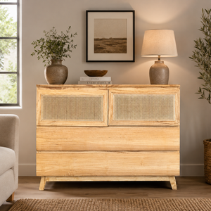 Buffet en bois massif de style moderne du milieu du siècle, avec portes et tiroirs en rotin naturel, meuble de rangement pour hôtel - Product Image 6