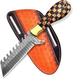 Couteau de boucher artisanal en acier Damas, couteau de chasse et de camping à lame fixe avec étui en cuir – Style cowboy personnalisé - Product Image 1