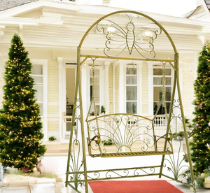 Chaise suspendue en fer forgé pour patio et jardin, élégante balançoire d'extérieur avec auvent, structure métallique durable, banc confortable 3 places - Product Image 4