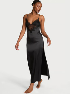 Chemise de nuit en satin de soie noir pour femme, longue, sans manches, élégante, avec détails en dentelle - Product Image 6