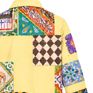 Veste de travail jaune citron à motifs floraux multicolores en patchwork, boutonnée sur le devant, décontractée, à manches longues, style streetwear tendance - Product Image 6