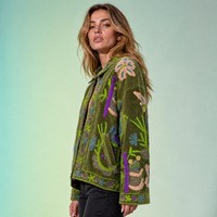 Nouvelle Veste Suzani en Velours Vert Olive Tropical Préférée, Motif Fantaisie Grenouille, Oiseau, Cactus, Papillon, Manteau d'Hiver Tendance pour Femme