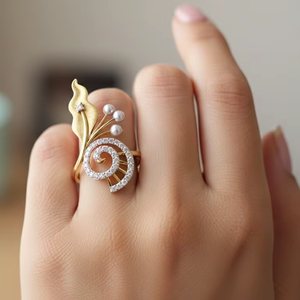 Anillo Espiral de Lujo con Hoja de Oro y Concha, Perla Natural y Moissanita, Ajustable, para Mujer, Regalo de Joyería para Boda o Fiesta - Product Image 4