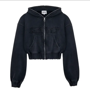 Oem New Trending Stand Collar Zip up <b>Crop</b> <b>Top</b> Jacket Custom logo Vintage Acid Wash Two Piece Shorts & Hoodie <b>Set</b> for Women - Product Image 2