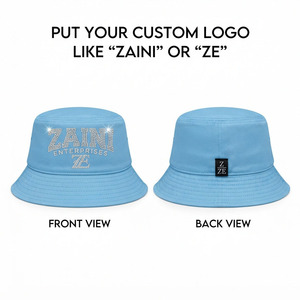 Premium Cotton Twill Bucket Hat 240 GSM Soft Woven Fabric <b>Light</b> Blue Multi Panel Crown Custom Rhinestone Logo Hat - Product Image 1