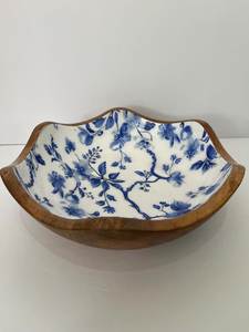 Handmade Durable Eco-Friendly Oriental Wood <b>Bowl</b> <b>Blue</b> Floral Pattern Glazed Interior Heat Resistant for Food Serving Decorating - Product Image 1