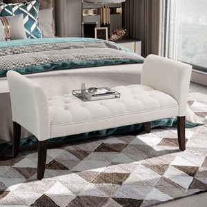 Panca da camera da letto con gambe in legno massello, imbottita in bianco crema, senza braccioli, con bottoni, per l'estremità del letto - Product Image 2