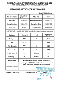 เมลามีน (ชุนเทียน) 99.8% เกรดอุตสาหกรรม ผงผลึกสีขาว รุ่น MEL-998-AH EINECS 203-615-4 สำหรับลามิเนตและเรซิน - Product Image 4