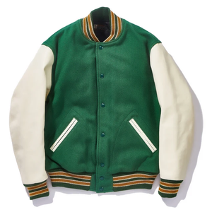 Blouson universitaire vert pour homme avec manches crème, fermeture éclair sur le devant, col rabattable, style Letterman, veste bomber de baseball, vêtement d'extérieur décontracté - Product Image 6