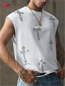 Camisetas sin Mangas Vintage para Hombre con Diseño Personalizado y Estampado de Diamantes de Imitación, Camisetas de Punto Casuales Estilo Urbano, Precio al por Mayor - Product Image 4
