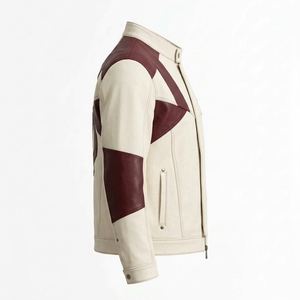 Chaqueta de Cuero y Lona con Parches Color Crema y Borgoña, Cuello Alto, Estilo Motociclista, para Hombre, Fabricante OEM - Product Image 3