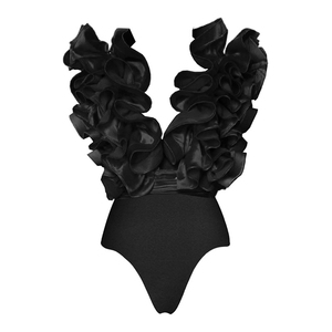 Traje de Baño de Dos Piezas con Volantes Rojos y Escote en V Profundo para Mujer, Top Bandeau y Falda de Cintura Alta, Color Sólido, Elástico y Transpirable - Product Image 4