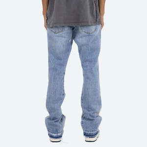 Vente en gros de jeans évasés empilés personnalisés pour hommes, style hip-hop streetwear, taille haute, unis, délavés, amples, effet usé, vintage, en denim - Product Image 2