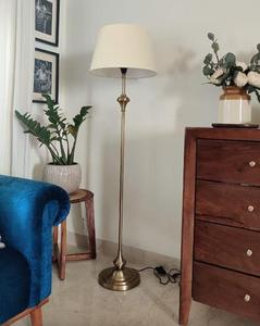 Modern Brass Floor Lamp White Fabric Drum Shade Large Warm <b>Light</b> Residential Use - Product Image 1