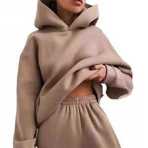 <b>Women's</b> Oversized Hooded <b>Sweatshirt</b> Solid Color Drop-Shoulder Asymmetric Cropped Design Knitted Cotton Autumn Wear - Product Image 6