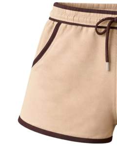 Pantalones Cortos de Algodón Personalizados para Mujer, Color Beige con Contraste Marrón Chocolate, Cintura Elástica, Ropa Deportiva Informal de Verano para Descansar - Product Image 3