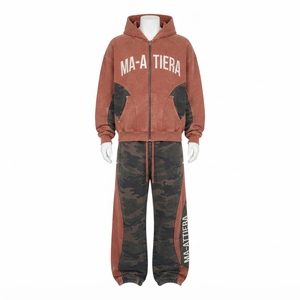 Men Rust Brown <b>Camouflage</b> Zip Up Hoodie <b>Tracksuit</b> Set Loose Fit Contrast Panel Streetwear Custom OEM ODM Wholesale - Product Image 4