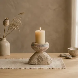 Vintage Hand Carved Wooden Candle Holder Stand Rustic Farmhouse <b>Table</b> Centerpiece Decorative Home Decor for Living Room Bedroom - Product Image 3