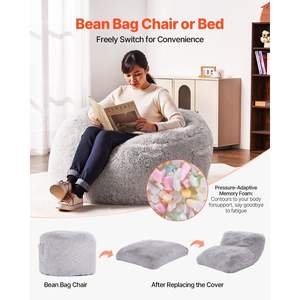 Full Size Convertible Grey <b>Bean</b> <b>Bag</b> Chair Bed Washable <b>Cover</b> with Fluffy Plush Foam Filling and Side Pocket for Adults - Product Image 3