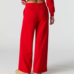 Women's Red Knitted Wide Leg Pants High <b>Waist</b> <b>Elastic</b> Loose Fit Full Length Casual Autumn Solid Color <b>Trousers</b> - Product Image 6
