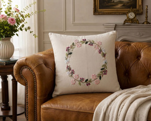 Wholesale Embroidery Floral Wreath <b>Cushion</b> Cover Removable Washable Customizable Square Seat Natural Linen <b>Cushion</b> Pillowcases - Product Image 1